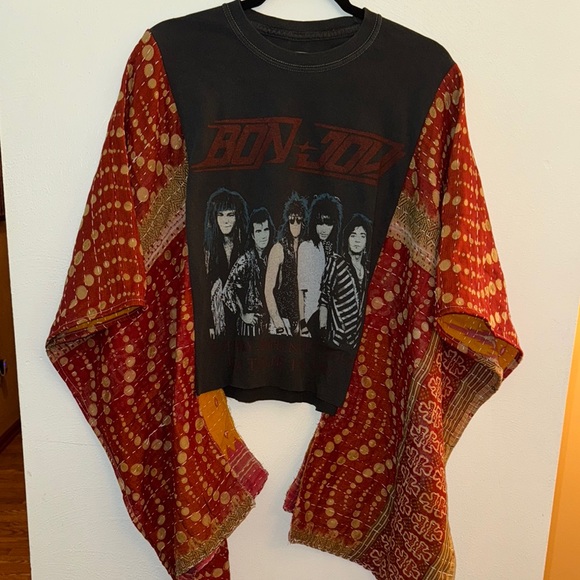 Hand Crafted Tops - Vintage Bon Jovi Band Graphic Top with Red Patterned Kantha Sleeves